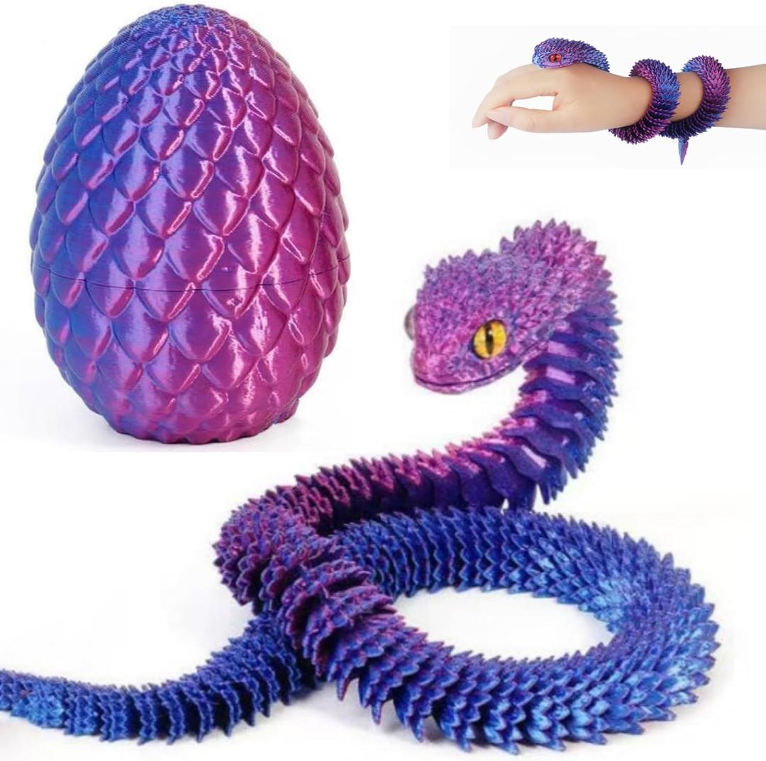 3D Printed Snake 24'' Flexible 3D Printed Articulated Snake Toy with Snake Eggs - Realistic 3D Printed Animal for Desk Decor, Easter & Birthday Gift for Adults (Purple)