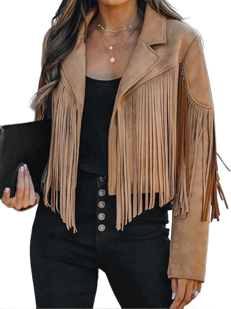 Faux Suede Leather Jackets For Women Trendy Fall Western Fringe Cropped Jacket 2025 Tassel Motorcycle Crop Coats (Brown, L)