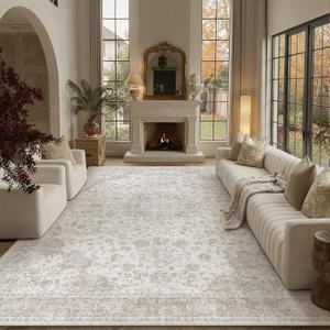 PureCozy 9x12 Area Rug Washable Neutral Beige Vintage Living Room Bedroom Carpet Non Slip Low Pile Soft Floral Indoor Large Throw Rug for Dining Room Office
