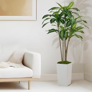 Dracaena Artificial Plants Indoor, 5FT Tall Faux Tree with White Tall Planter, Fake Yucca Tree Floor Plant, Artificial Trees for Home Office Living Room Garden Decor Outdoor, Housewarming Gift