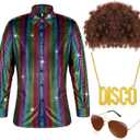 Sintege Men 70s 80s Disco Outfit Costume Set Sequin Shirt Wig Necklace Sunglasses for Halloween Mardi Gras 60s 90s Party(XL, Multicolor)
