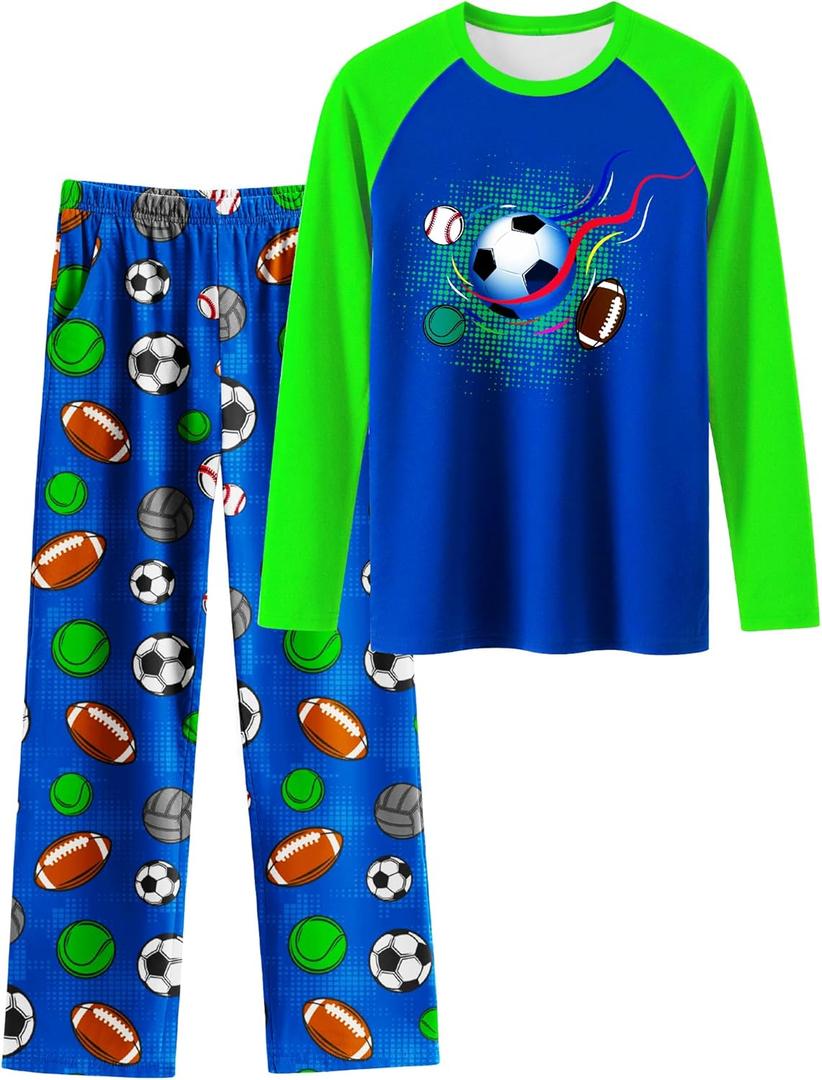 PASHOP Boys Pajamas Cozy Soft Long Sleeves Top and Pants 2 Piece Cool Pjs Pajamas Set Big Boys Sleepwear Size 8-14 (10, Green Soccer)