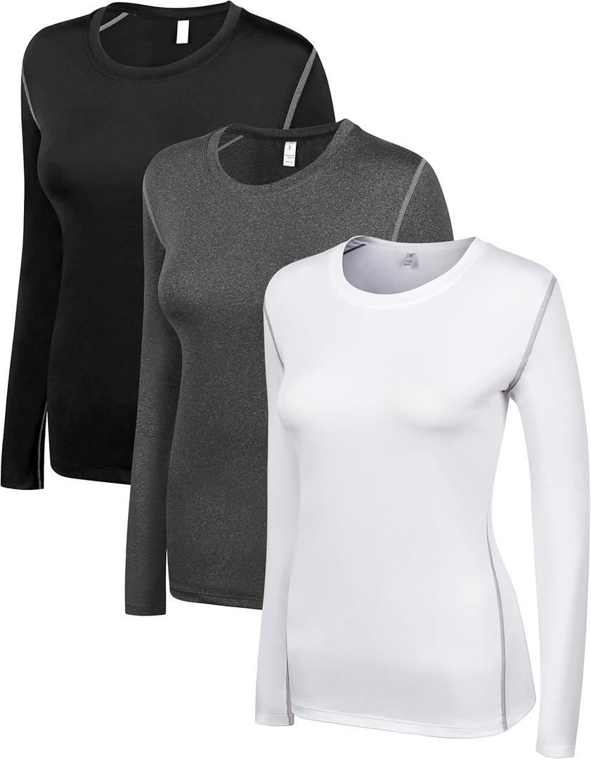 WANAYOU 2-3 Pack Women's Compression Shirt Long Sleeve Dry Fit Workout Tops Breathable Undershirt Running Athletic Base Layer (3 Pack(black+white+grey))