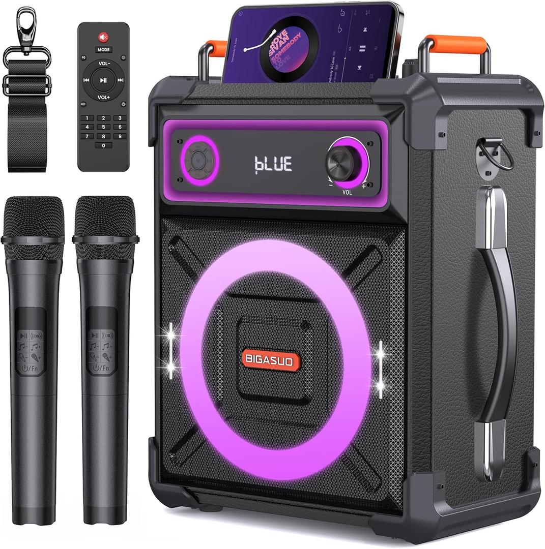 BIGASUO Wooden Karaoke Machine with 2 UHF Wireless Microphones, Portable Bluetooth Speaker with Treble/Alto/Bass Adjustment, Flashing LED Lights, Remote Control, TF Card/USB/AUX in, TWS for Party