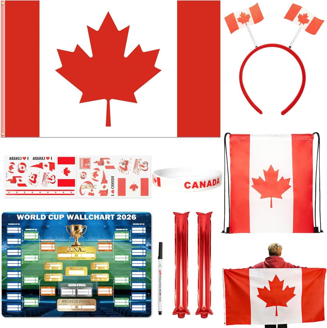 2026 World Cup Merch Soccer Fan Set Includes 10pcs Country Supporter Kit with Flag Headband, 2 Thunder Sticks,Flag,Wristband,Drawstring Bag,Dry Erase Schedule Poster & Pen