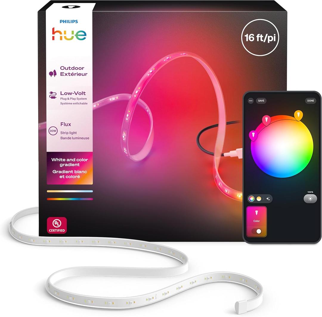Hue Flux Outdoor 16-feet Multicolor LED Strip Light, 3000 lm, Vibrant Color and Ambiance, Flexible Outdoor Lighting, Chromasync Color Blending, Weatherproof, App and Voice Control