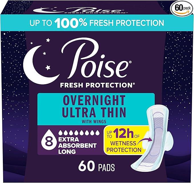 Poise Overnight Ultra Thin Incontinence & Postpartum Pads with Wings for Bladder Leaks, 8 Drop Extra Absorbent, Long Length, 60 Count (3 Packs of 20)