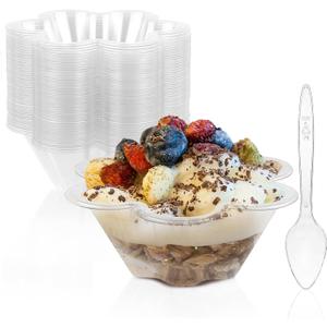 TOFLEN 8 oz Dessert Cups with Spoons, 50 Pack Clear Plastic Small Party Serving Bowls for Sundae, Parfait, Fruit, Strawberry Shortcake, Disposable Snack Bowls (Flower Shape)