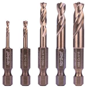 NordWolf 5-Piece M35 Cobalt Stubby Drill Bit Set for Stainless Steel & Hard Metals, with 1/4" Hex Shank for Quick Chucks & Impact Drivers, SAE Sizes 3/32"-1/8"-3/16"-1/4"-5/16" in Storage Box