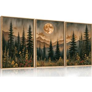 HOURIA Vintage Boho Nature Moonlight Forest Mountain Framed Canvas Wall Art Set,Wilderness Dark Moon Woodland Floral Decor,Retro Wildflower Field Landscape Artwork for Living Room,Farmhouse-24 x36 x3