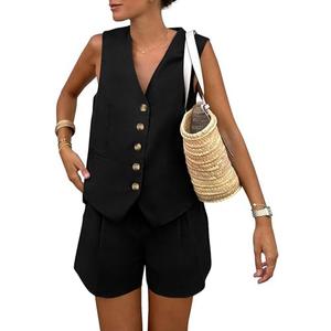 PRETTYGARDEN Women's Summer 2 Piece Outfits Sleeveless Matching Sets Button Down V Neck Vest Waistcoat and Pockets Shorts, Size XL