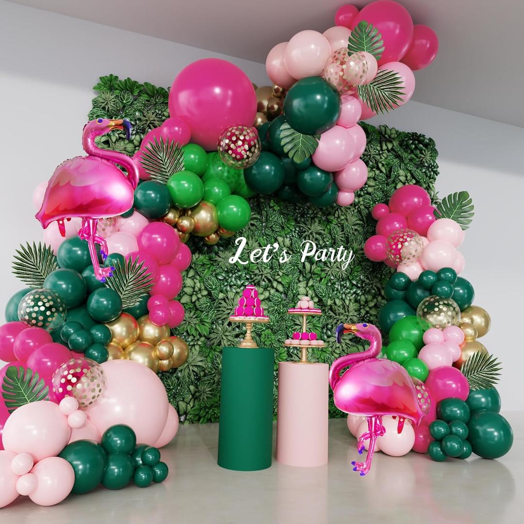 156Pcs Tropical Flamingo Balloon Arch Garland Kit, Hot Pink Dark Green Light Pink Gold Confetti Flamingo Foil Balloons with Palm Leaves for Hawaiian Luau Aloha Summer Beach Birthday Party Decorations