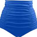 Tempt Me Women's High Waisted Swimsuit Bottom Tummy Control Ruched Bikini Bottom Vintage Swim Bottom Tankini Briefs, Medium, Blue