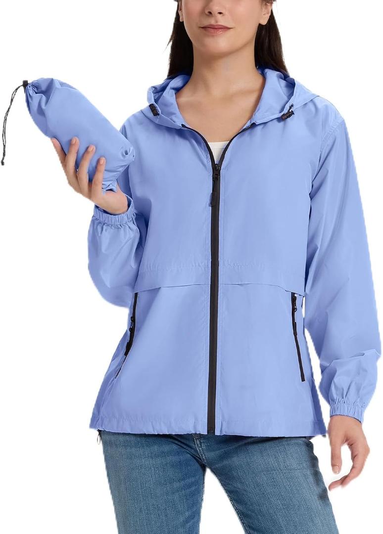 SaphiRose Lightweight Rain Jacket Women Waterproof Raincoat Packable (Blue) M