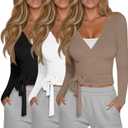Oakgarden 3 Pack Women's Tie Wrap Tops, Long Sleeve Workout Ballet Yoga Pilates Shirts Deep V Neck Tie Front Y2k Blouses (Medium, Black, White, Light Brown)