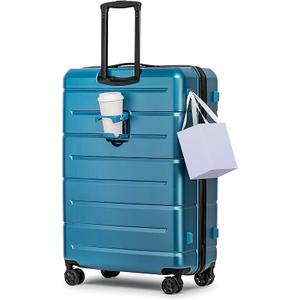KYME Suitcases with Wheels Hardshell 30 Inch Luggage TSA Approved Large Checked Luggage Durable Travel Rolling Suitcase with Cup Holder for Women Men Light Blue