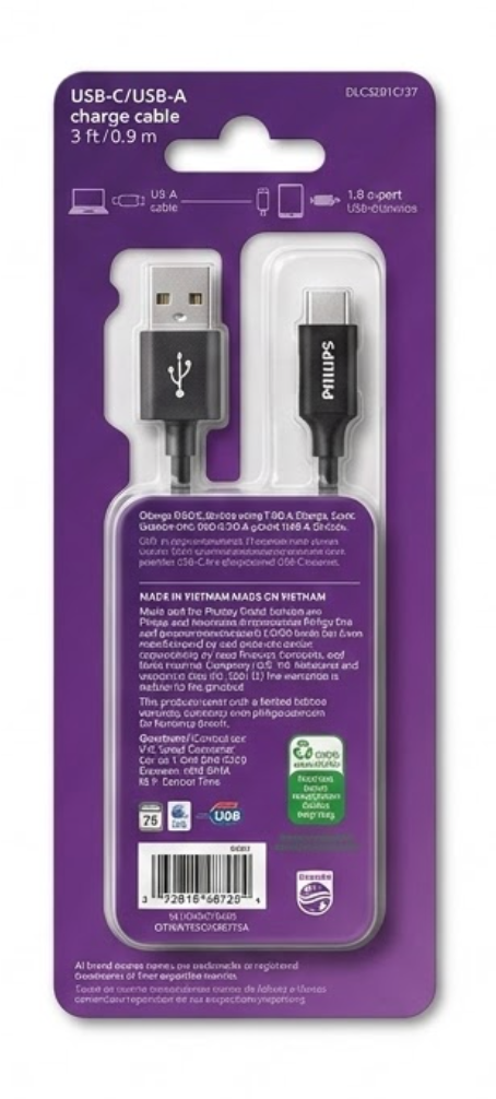 Philips USB C / USB A Charge Cable, 3 Ft