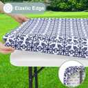 misaya Sqaure Vinyl Table Cloth, Elastic Fitted Flannel Backed Tablecloth, 100% Waterproof Plastic Table Cover Fits Folding Tables for Picnic, Camping, Outdoor (Navy, 34" x 34")