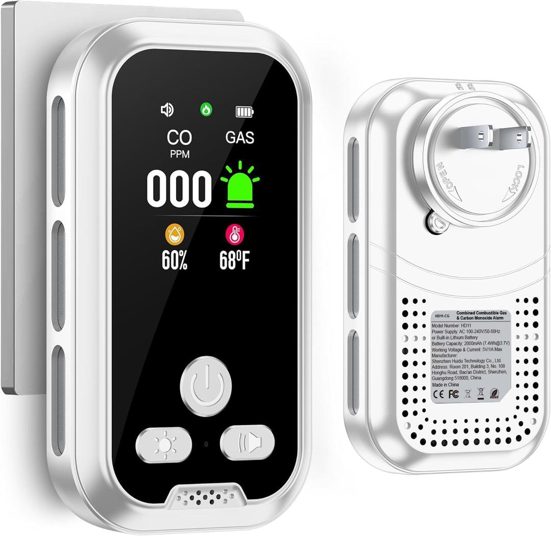 4IN1 Plug in Natural Gas & Carbon Monoxide Detectors Combination Builti-in 2000 mAh Backup Battery HD Screen [Propane Methane Gas CO Temp Humidity Sensor] Alarm for Home Hotel RV (White)