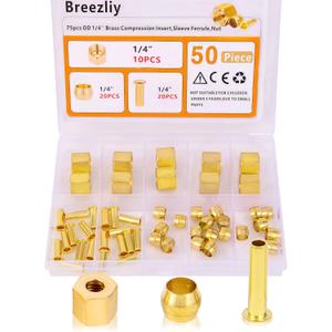 1/4 Inch OD Brass Compression Insert,Sleeve Ferrule,Nut 50PCS