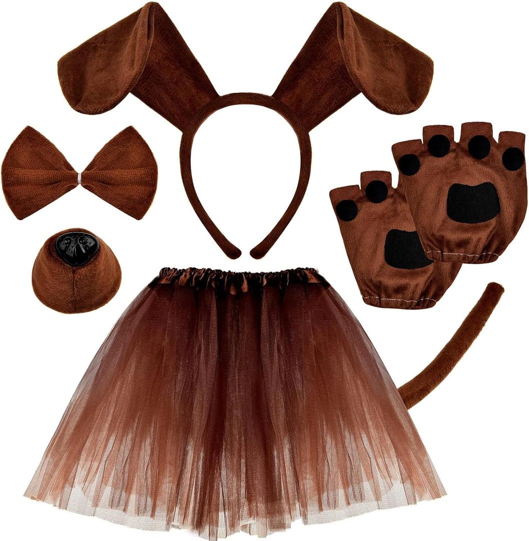 Coopay 6 Pieces Puppy Dog Costume Set Dog Ear Headband, Bow Tie, Tail, Tutu Skirt, Fake Nose and Puppy Paw Gloves Animal Costume Accessories for Halloween Cosplay Costume Dress Up Party Decoration