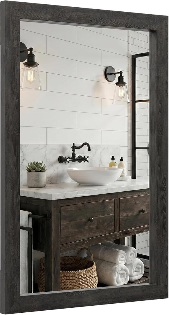 24"x36" Black Bathroom Mirror for Wall, Rustic Charred Wood Texture Vanity Mirror, Industrial Farmhouse Decor Mirror for Over Sink & Living Room, Horizontal/Vertical