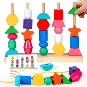 Montessori Wooden Threading Beads Set for Toddlers 3 4 5, Bead Sequencing & Stacking Toy with Pattern Cards, Lacing Beads, Shape Matching Stacker, Fine Motor STEM Learning Gift