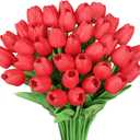Bassion 30 Pcs Red Fake Tulips Artificial Flowers for Decoration, Real Touch PU Faux Tulips Flowers Arrangement Artificial Plants Indoor for Home Decor Wedding Mother's Day Spring Easter Decorations