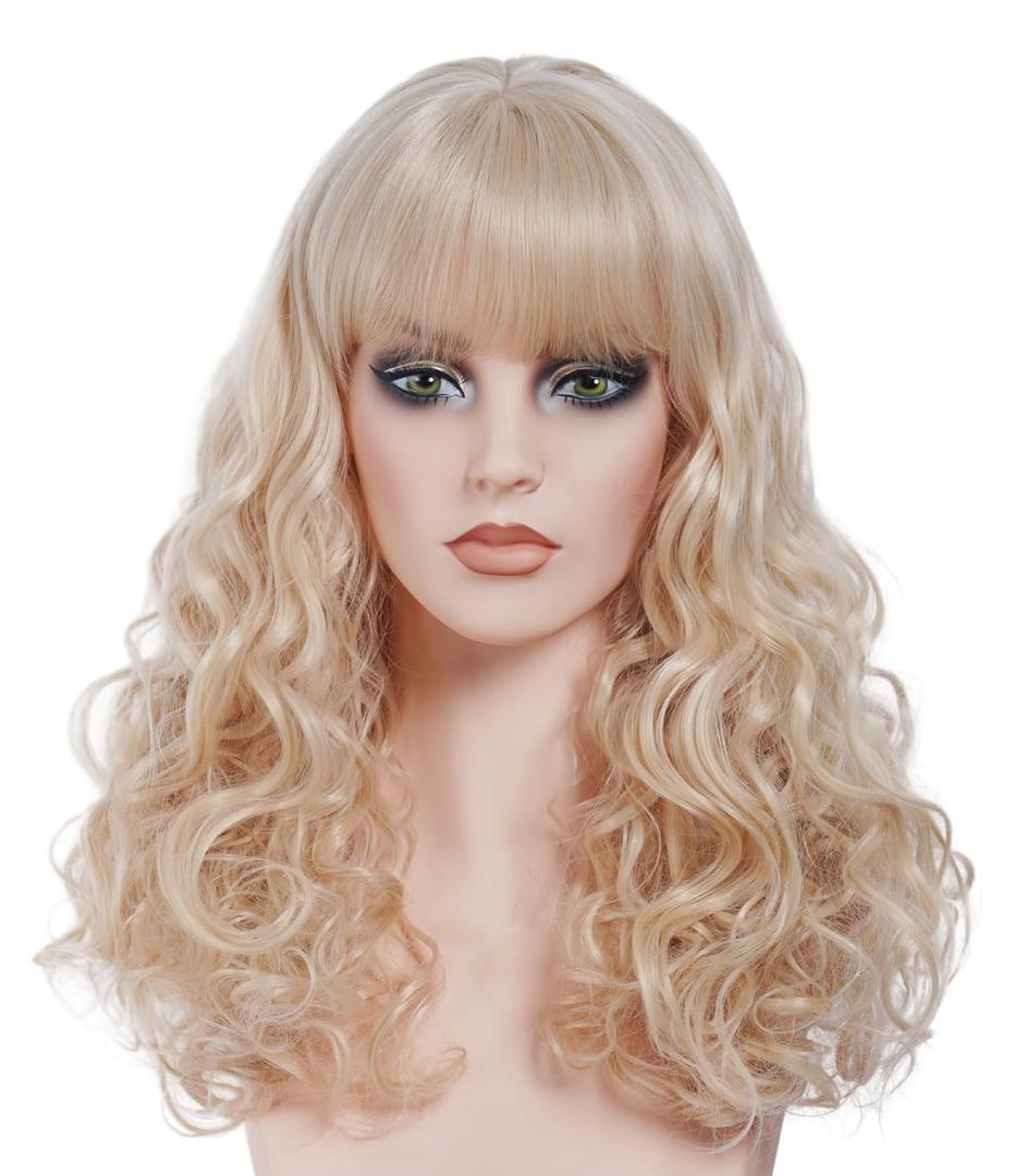 22 Inches Blonde Wigs for Women Long Wavy Wig with Neat Bangs Synthetic Natural Wig for Cosplay,Halloween,Daily Use