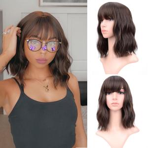 VCKOVCKO Natural Brown Wavy Wig With Air Bangs Women's Shoulder Length Wigs Curly Wavy Synthetic Cosplay Wig Pastel Bob Wig for Girl Colorful Wigs(12")