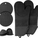 Silicone Oven Mitts and Pot Holders Set, 6Pcs Extra Long Oven Gloves with Non-Slip Hot Pads Potholders and Pinch Mitts, Pot Holders Set for Kitchen Baking Cooking (Black)