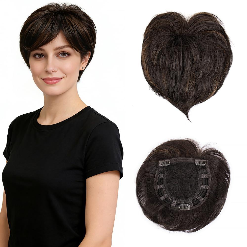 MyLike 5.5" Pixie Cut Hair Toppers with Bangs, Natural Curly Synthetic Hairpieces for Women Thinning Hair - Rich Chestnut Brown
