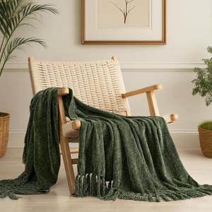 EverGrace Soft Chenille Throw Blanket for Couch, Cozy Plush Fuzzy Decorative Chenille Knit Throw Blanket with Tassels, Lightweight Blanket and Throws for Bed Sofa Gift Home Decor, Olive Green 50"x60"