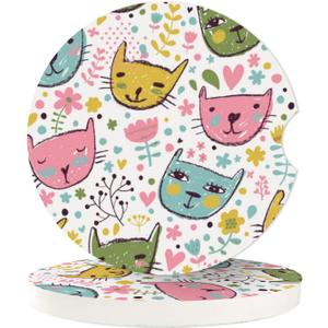 Abstract Cute cat Absorbent Car Cup Coasters,Cup Holders,Cork Base Drink Coasters with Finger Notch for Easy Move of Car Cup Holder for Women Men 2.6"(2 Pieces)