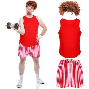 3 Pcs Halloween 80s Men Workout Costume Set Include Tank Top Shorts Afro Wig for Halloween Cosplay Party Adult (X-Large)