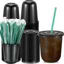 Baderke 25 Set Plastic Cups with Lids and Straws, Disposable Plastic Iced Coffee Cup for Cold Beverage Juice Smoothie Crystal for Coffee Shops Party Catering(Black,14 oz)