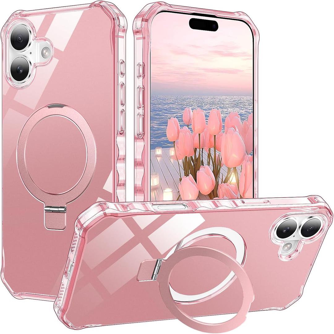 STERKER Compatible with iPhone 16 case with Stand Magnetic Ring Holder [Compatible with MagSafe][Military-Grade Drop Protection] Slim Back Cover with Good Grip Curly Wave Edge, Pink