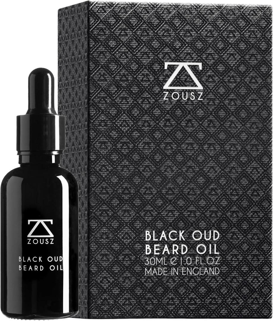 ZOUSZ Beard Oil – Beard Grooming Formula with Avocado, Argan, Macadamia Oils, Black Oud Wood Fragrance – Softening and Moisturizing Beard and Mustache Non-Greasy – Vegan Gift for Men – 30 ml