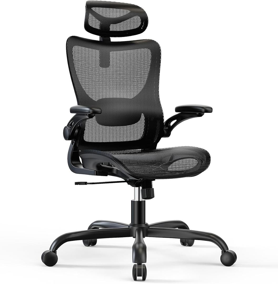 Marsail Ergonomic Mesh Office Chair High Back Home Office Desk Chair with Adaptive Lumbar Support, 2D Headrest, 3D Flip-Up Armrests, Height Adjustable and Rocking Tilt for Home Office and Gaming, 19.69 Inches X 20.47 Inches X 52.75 Inches