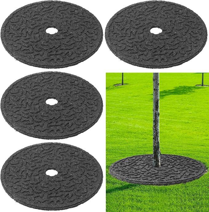 Peryiter 4 Pcs Rubber Mulch Tree Ring Protector Mat Weed Barrier, 24 in Heavy Duty Rubber Mulch Rings For Trees, Round Tree Protector Mat for Weed Grass Control & Root Protection Lawn Care