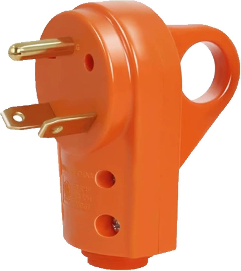30 Amp RV Plug, Heavy Duty NEMA TT-30P Replacement Plug Adapter, 125V Electrical Power Connector Extension Cord End with Easy Unplug Handle, Compatible with RV Trailer (Orange Male)