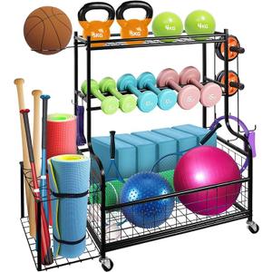 Dumbbell Rack Weight Rack for Dumbbells Home Gym Storage Rack for Dumbbells Kettlebells Yoga Mat and Balls All in One Workout Storage Rack Strength Training Equipment Storage Organizer with Wheels
