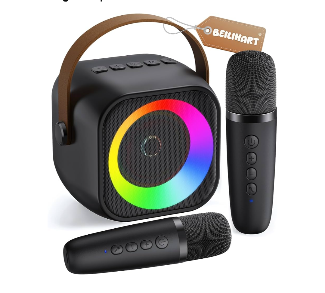Mini Karaoke Machine, Portable Bluetooth Karaoke Speaker with 2 Wireless Microphones and Party Lights for Kids and Adults, Birthday Gifts for Girls Boys Family Home Party,  Black 2 Mics