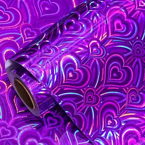 LeZakaa Purple Holographic Wrapping Paper, Metallic Foil Purple Heart for Helloween, Mothers Day, Graduation, Birthday, Valentines, Wedding, Baby Shower, Christmas, Mini Roll, 17 IN x 32.8 FT