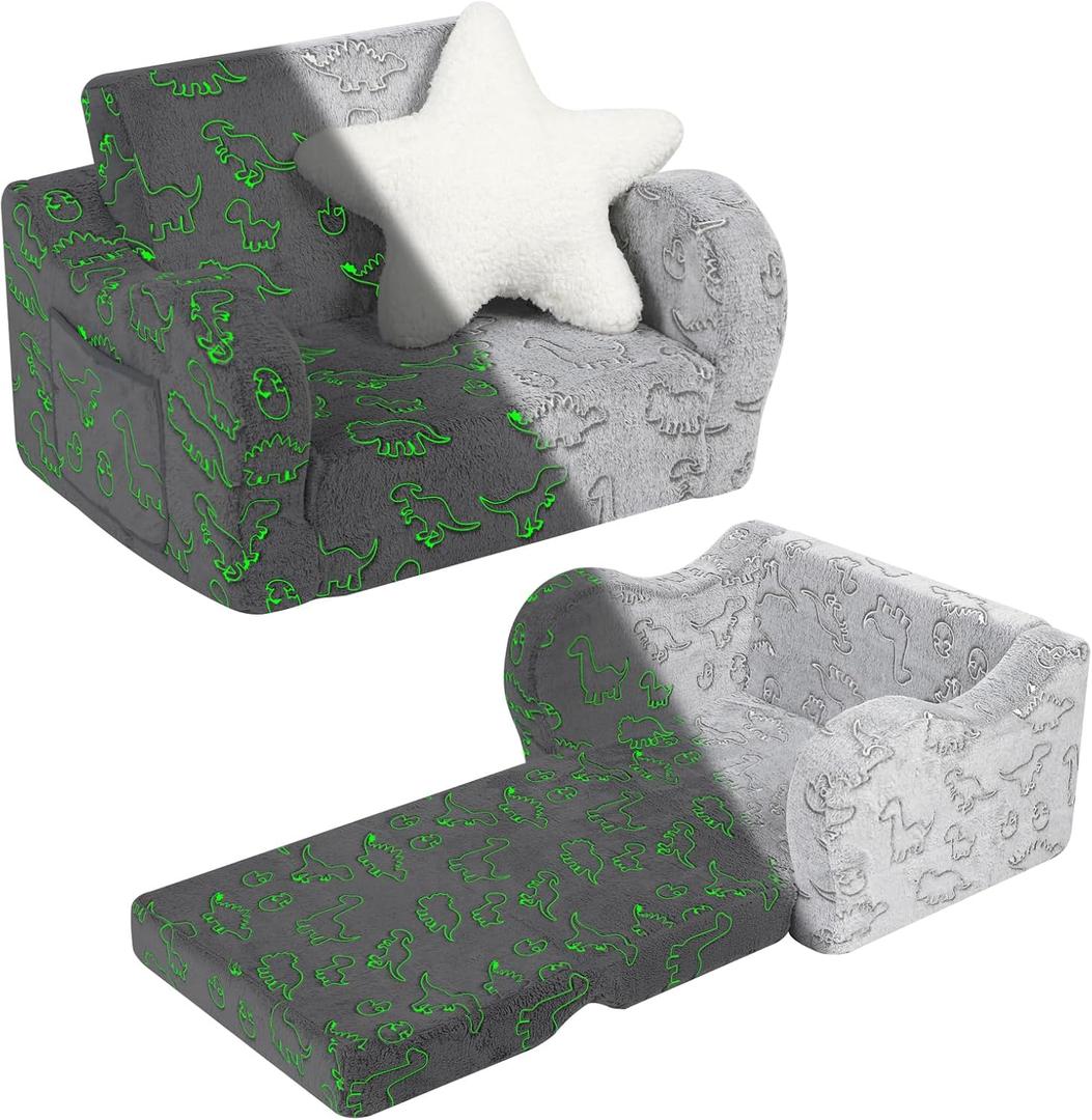Dinosaur Glow in The Dark Toddler Couch, 2-in-1 Toddler Soft Couch Fold Out with Star Pillow, Convertible Sofa to Lounger for Girls and Boys, 1-Seat . Medium,