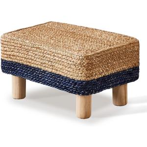 Wimarsbon Natural Seagrass Footstool Ottoman Rectangular Footrest Pouf Ottomans with Wooden Legs Hand Weave Step Stool for Living Room Bedroom Entryway Blue