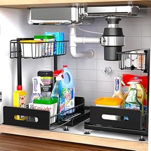 Mlinavn 2 Pack Under Sink Organizer, Pull Out Cabinet Organizer 2 Tier Slide Out Sink Shelf Cabinet Organizer and Storage, Adjustable Under Counter Organizers for Under Kitchen Bathroom Organization