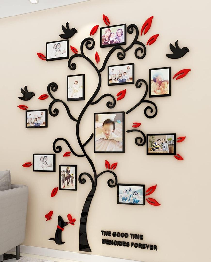 3D Tree Wall Stickers - Family Tree Wall Decor Black Trunk Picture Frame DIY Photo Frame Decals Family Frames Living Room (Red, Small)