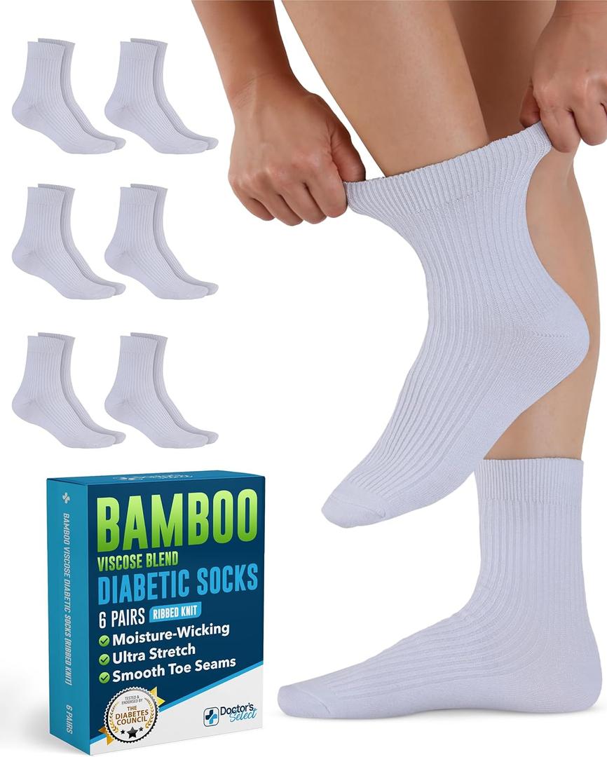 Doctor's Select Bamboo Viscose Diabetic Socks for Women & Men - 6 Pairs Non Binding Viscose Bamboo Socks for Swollen Feet (Medium, White)