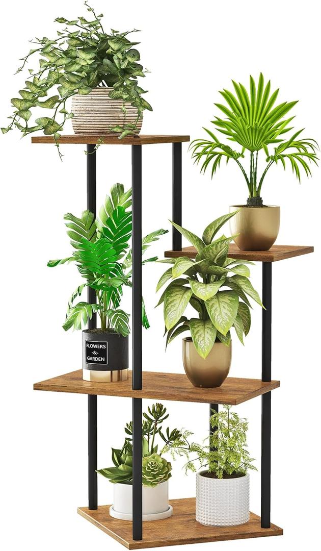 Plant Stand Indoor, 4-Tier Modern Plant Shelf for Multiple Plants, Wood Metal Flower Holder for Living Room Balcony Bedroom, Rustic Brown